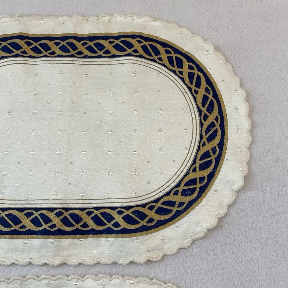 Lenox Hamilton Oval Placemats Cloth Set Of 2 Ivory Gold Navy Blue Vintage Lot #6